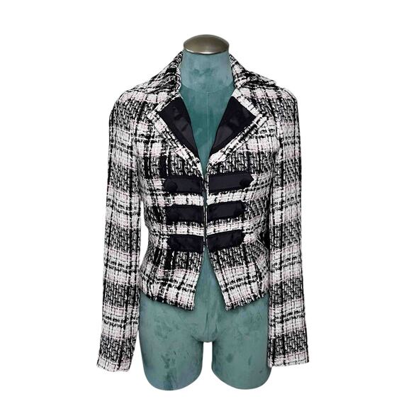 Wet Seal Tweed Plaid Blazer Jacket Women’s Sz M Black White Acrylic Long Sleeve - Picture 1 of 8